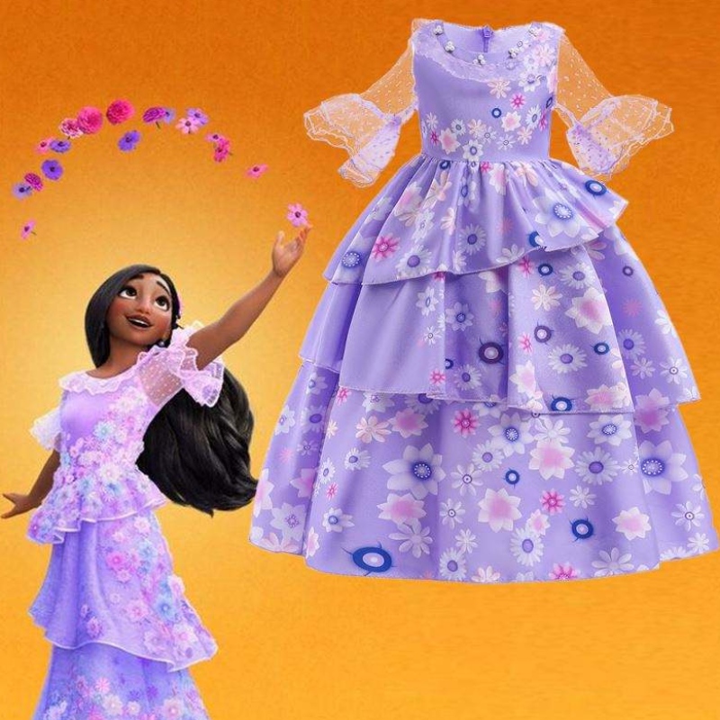 Gorąca sprzedaż dzieci Encanto film film Isabella Cosplay Purple Floral Girls Silk Maxi Long Dress