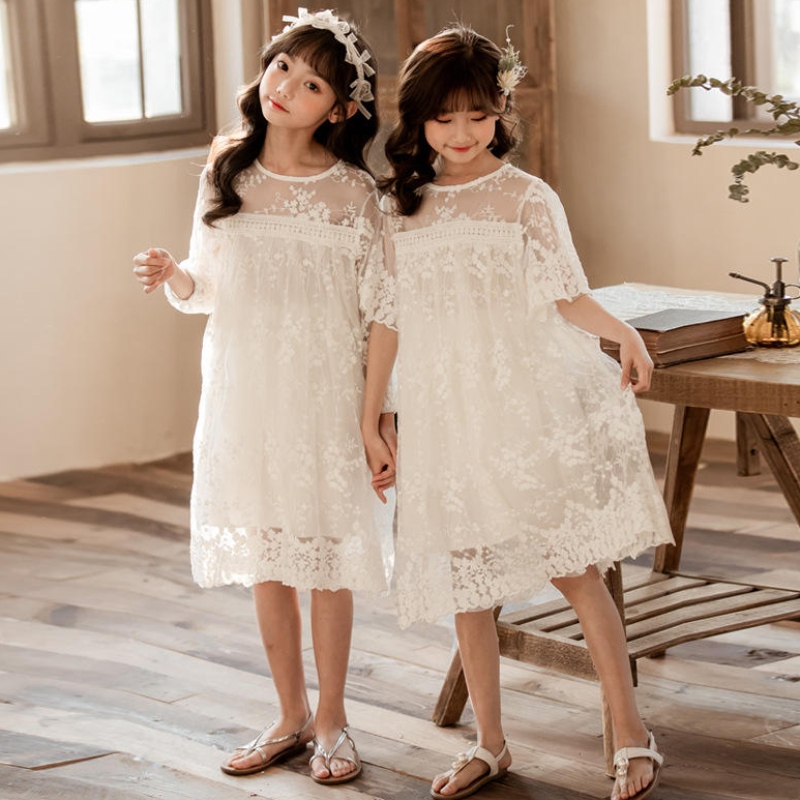Nowa letnia bawełniana przędza sieci koronkowe sukienki dziewczynki dla dzieci spódnica ubrania 3-14 lat białej sukienki księżniczki