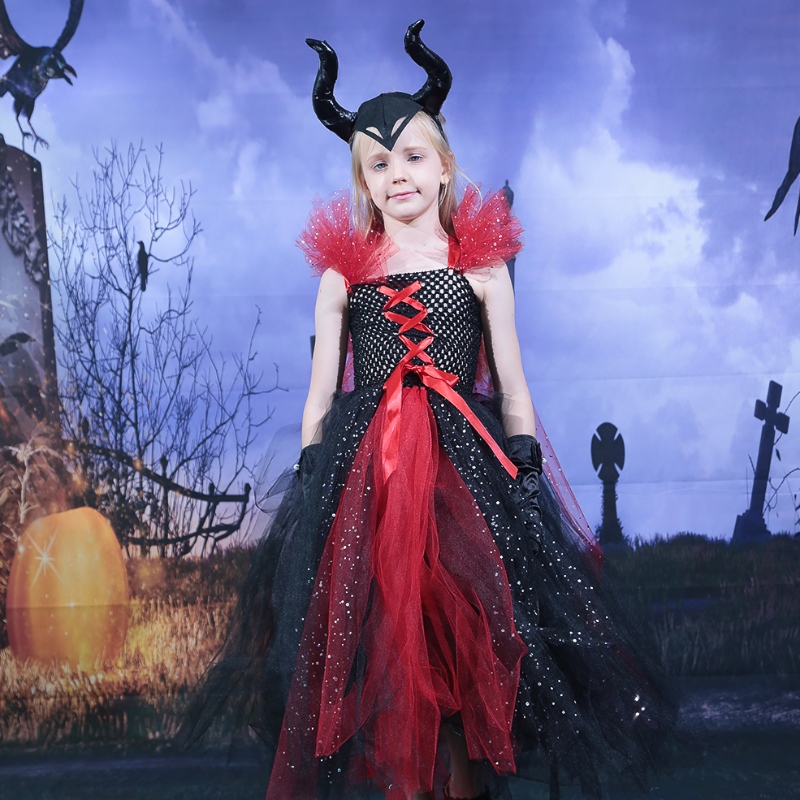 Amazon Hot Sprzedaż dla dzieci Deluxe Halloween Vampire Witch Costume Fairy Princess Evil Tutu Dress Rogs Opaskana głowę